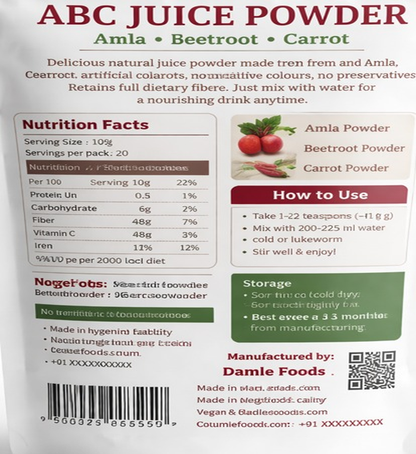 ABC Juice Powder – Amla Beetroot Carrot Drink Mix | No Artificial Colours or Preservatives | High Fibre Natural Juice Powder | 60 g | 10 day pack